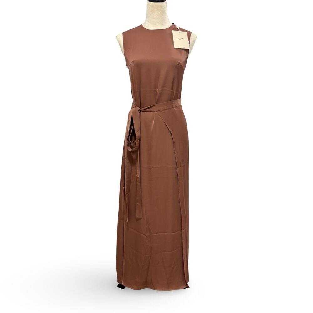 Veiled Collection Sleeveless Maxi Dress Skirt Wrap Set Satin Pecan Size XXS NWT